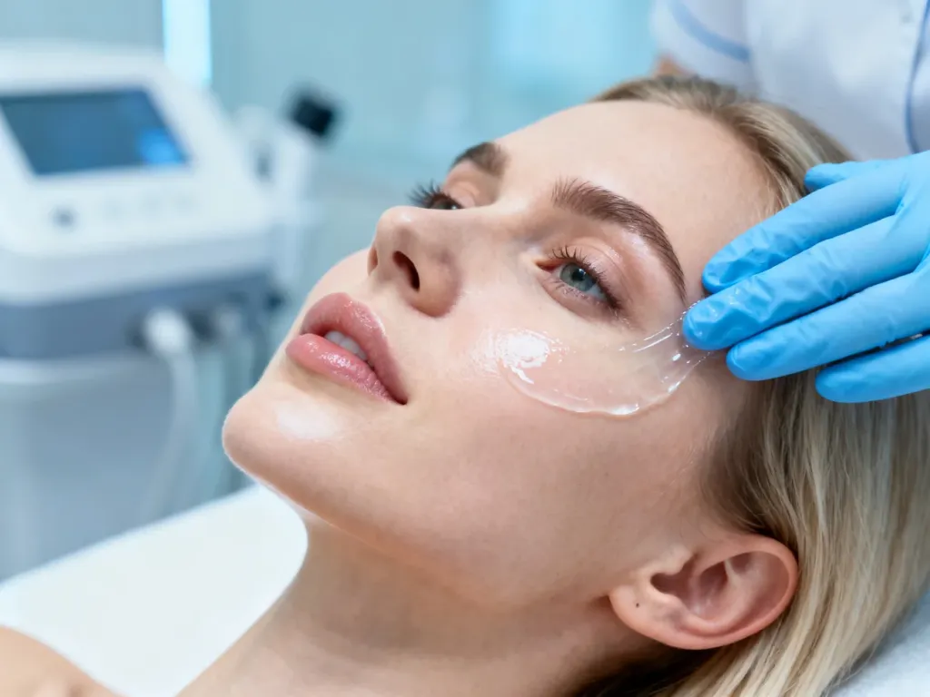Dermatolog nakłada żel złuszczający na twarz pacjentki podczas profesjonalnego peelingu chemicznego w klinice medycyny.
